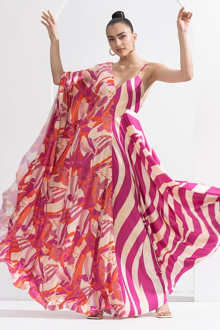 Buy_Mandira Wirk Resort_Pink Satin Embroidery V-neck Printed Blocked Kaftan _Online_at_Aza_Fashions
