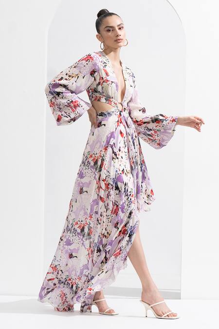 Shop Mandira Wirk Resort Purple Georgette, Chiffon Fabric Flowers V-neck Orchid Print Waist Cutout Dress Online at Aza Fashions Shop_Mandira Wirk Resort_Purple Georgette, Chiffon Fabric Flowers V-neck Orchid Print Waist Cutout Dress _Online_at_Aza_Fashions