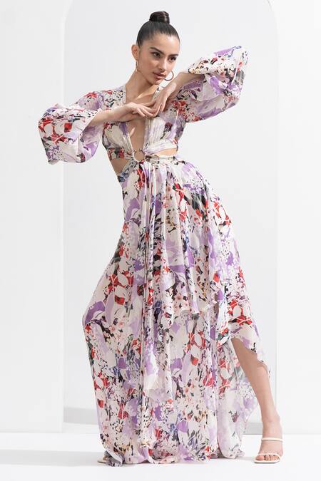 Buy Mandira Wirk Resort Purple Georgette, Chiffon Fabric Flowers V-neck Orchid Print Waist Cutout Dress Online at Aza Fashions Buy_Mandira Wirk Resort_Purple Georgette, Chiffon Fabric Flowers V-neck Orchid Print Waist Cutout Dress _Online_at_Aza_Fashions