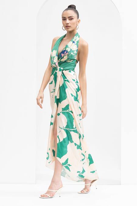 Buy_Mandira Wirk Resort_Green Satin Halter Neck Floral Print Dress _Online_at_Aza_Fashions