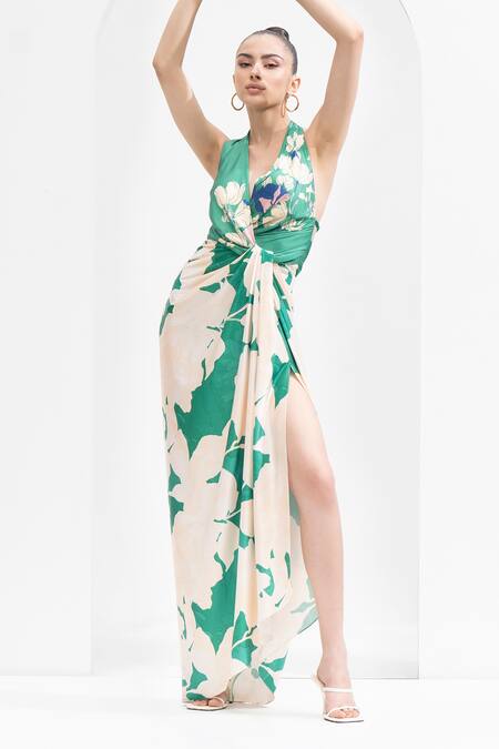 Shop_Mandira Wirk Resort_Green Satin Halter Neck Floral Print Dress _Online_at_Aza_Fashions