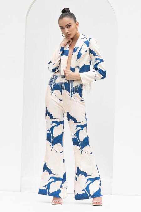 Buy_Mandira Wirk Resort_Blue Faux Leather Tassels Collared Mystic Texture Print Jacket And Pant Set _Online_at_Aza_Fashions