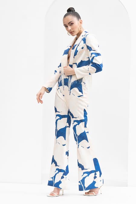 Shop_Mandira Wirk Resort_Blue Faux Leather Tassels Collared Mystic Texture Print Jacket And Pant Set _Online_at_Aza_Fashions