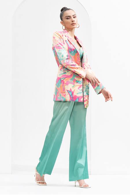 Buy_Mandira Wirk Resort_Multi Color Satin Embroidery Sweetheart Blurred Print Jacket And Ombre Pant Set _Online_at_Aza_Fashions