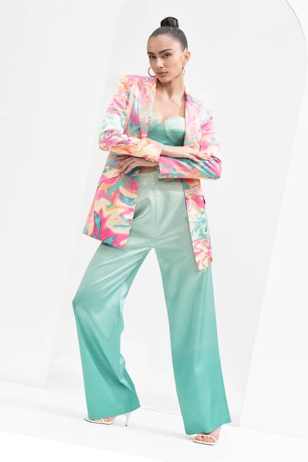 Shop_Mandira Wirk Resort_Multi Color Satin Embroidery Sweetheart Blurred Print Jacket And Ombre Pant Set _Online_at_Aza_Fashions