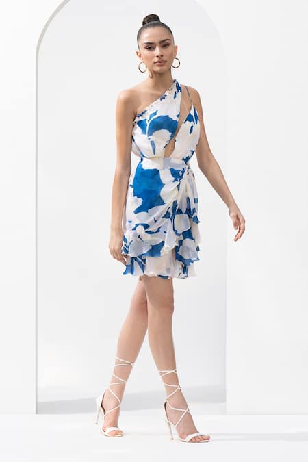 Buy_Mandira Wirk Resort_Blue Chiffon Sequins One Shoulder Texture Print Draped Dress _Online_at_Aza_Fashions