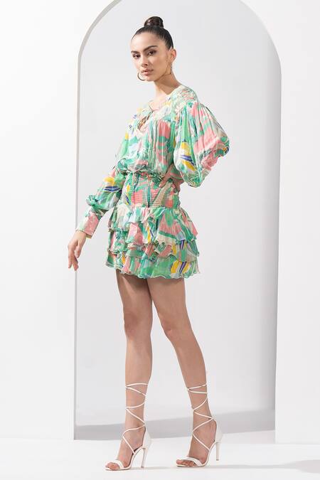 Buy_Mandira Wirk Resort_Green Chiffon Round Neck Abstract Print Top And Skirt Set _Online_at_Aza_Fashions