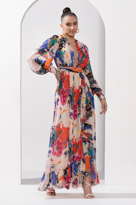 Buy Mandira Wirk Resort Ivory Chiffon Embroidery Plunge Neck Garden Print Slit Gown Online at Aza Fashions Buy_Mandira Wirk Resort_Ivory Chiffon Embroidery Plunge Neck Garden Print Slit Gown _Online_at_Aza_Fashions