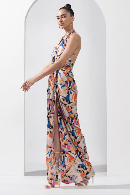 Shop_Mandira Wirk Resort_Multi Color Satin Halter Neck Abstract Print Gown _Online_at_Aza_Fashions
