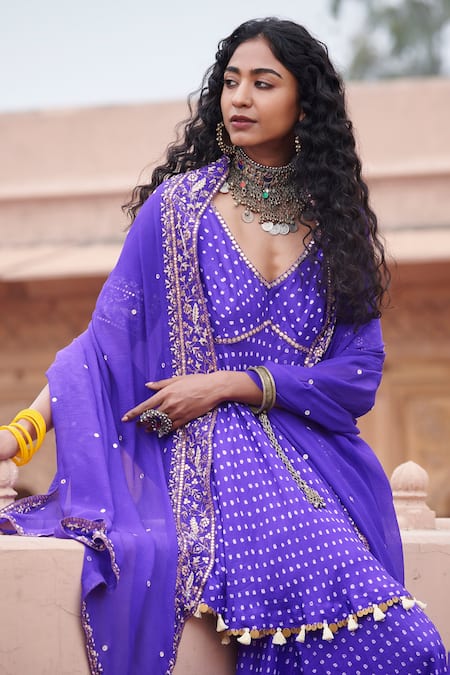 Pink City By Sarika Purple Silk, Chiffon Sequins, Tassels V-neck Cross Yoke Anarkali Gharara Set Online at Aza Fashions Pink City By Sarika_Purple Silk, Chiffon Sequins, Tassels V-neck Cross Yoke Anarkali Gharara Set_Online_at_Aza_Fashions