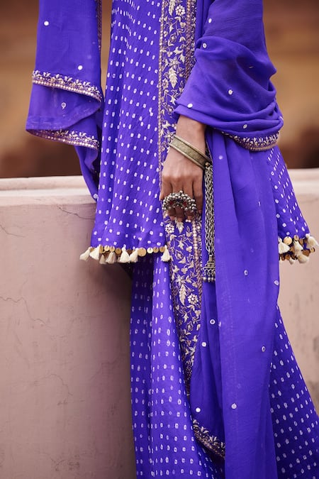 Shop Pink City By Sarika Purple Silk, Chiffon Sequins, Tassels V-neck Cross Yoke Anarkali Gharara Set Online at Aza Fashions Shop_Pink City By Sarika_Purple Silk, Chiffon Sequins, Tassels V-neck Cross Yoke Anarkali Gharara Set_Online_at_Aza_Fashions