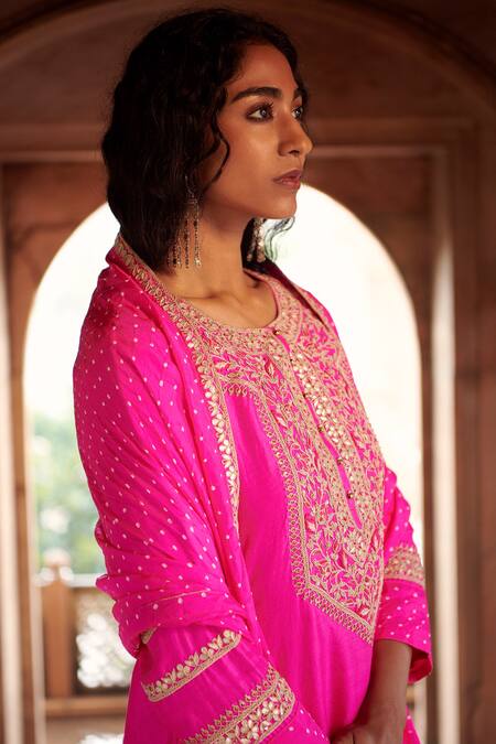 Buy_Pink City By Sarika_Pink , Organza Embroidery, Beads, Gota Embellished Kurta Sharara Set _Online_at_Aza_Fashions