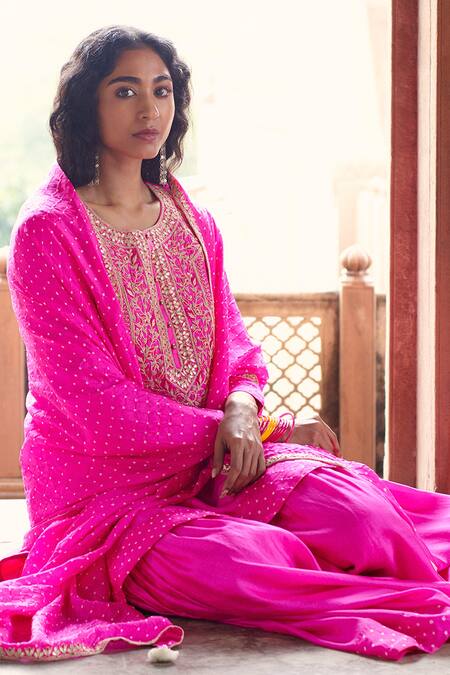 Pink City By Sarika_Pink , Organza Embroidery, Beads, Gota Embellished Kurta Sharara Set _at_Aza_Fashions