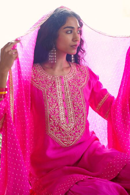 Buy_Pink City By Sarika_Pink , Organza Embroidery, Beads, Gota Embellished Kurta Sharara Set 