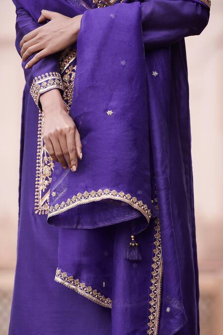 Pink City By Sarika Purple Silk, Cotton, Organza Tassels, Embroidered Mor Pattern Kurta Sharara Set Online at Aza Fashions Pink City By Sarika_Purple Silk, Cotton, Organza Tassels, Embroidered Mor Pattern Kurta Sharara Set _Online_at_Aza_Fashions