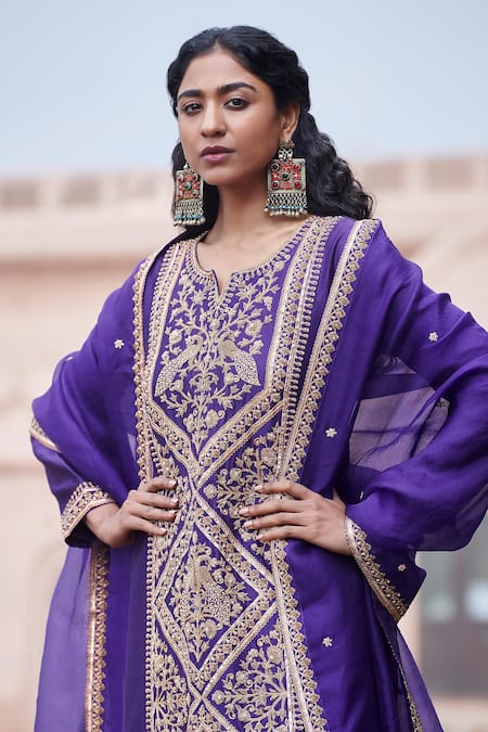 Buy Pink City By Sarika Purple Silk, Cotton, Organza Tassels, Embroidered Mor Pattern Kurta Sharara Set Online at Aza Fashions Buy_Pink City By Sarika_Purple Silk, Cotton, Organza Tassels, Embroidered Mor Pattern Kurta Sharara Set _Online_at_Aza_Fashions