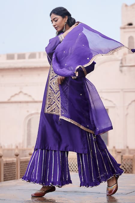 Shop Pink City By Sarika Purple Silk, Cotton, Organza Tassels, Embroidered Mor Pattern Kurta Sharara Set Online at Aza Fashions Shop_Pink City By Sarika_Purple Silk, Cotton, Organza Tassels, Embroidered Mor Pattern Kurta Sharara Set _Online_at_Aza_Fashions