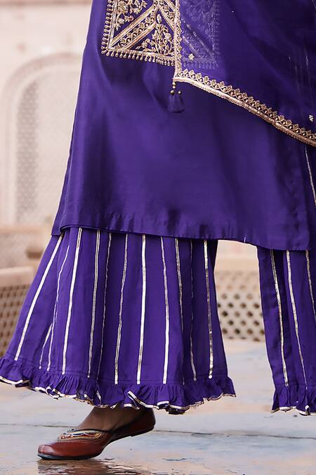 Pink City By Sarika Purple Silk, Cotton, Organza Tassels, Embroidered Mor Pattern Kurta Sharara Set at Aza Fashions Pink City By Sarika_Purple Silk, Cotton, Organza Tassels, Embroidered Mor Pattern Kurta Sharara Set _at_Aza_Fashions