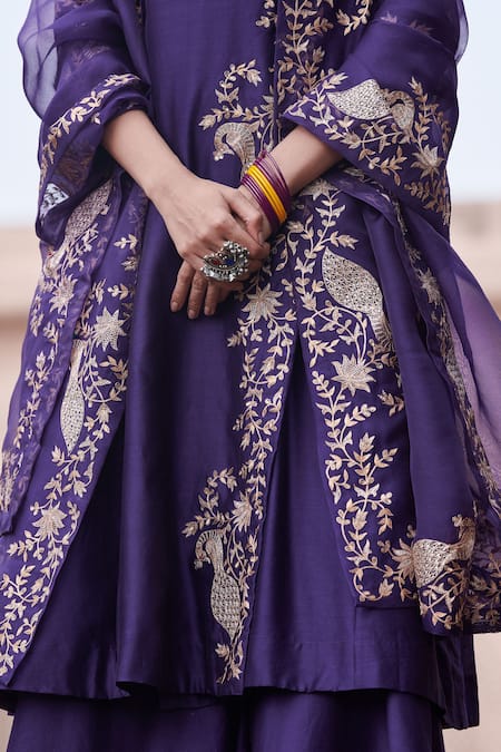 Pink City By Sarika Purple Silk Zari, Sequins V-neck Mor Embroidered Angrakha With Sharara Online at Aza Fashions Pink City By Sarika_Purple Silk Zari, Sequins V-neck Mor Embroidered Angrakha With Sharara _Online_at_Aza_Fashions