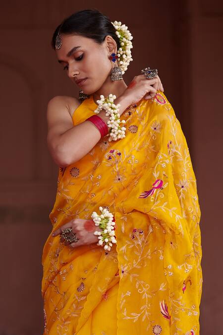 Pink City By Sarika Yellow Organza, Dupion Zari Embroidered Saree With Unstitched Blouse Piece Online at Aza Fashions Pink City By Sarika_Yellow Organza, Dupion Zari Embroidered Saree With Unstitched Blouse Piece _Online_at_Aza_Fashions