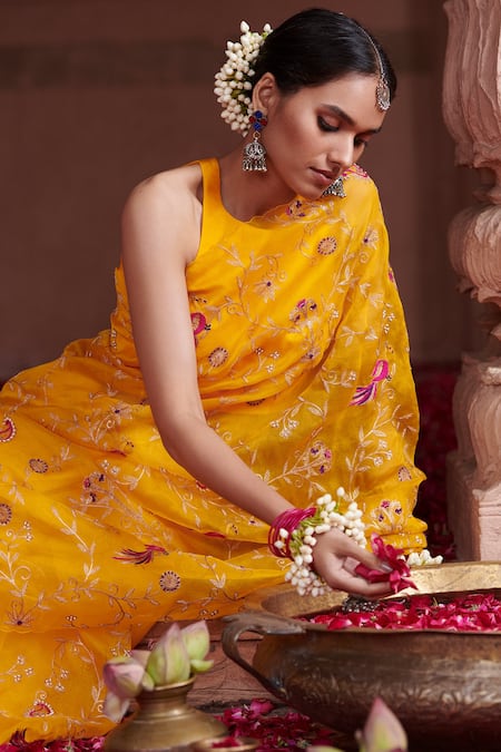 Pink City By Sarika Yellow Organza, Dupion Zari Embroidered Saree With Unstitched Blouse Piece at Aza Fashions Pink City By Sarika_Yellow Organza, Dupion Zari Embroidered Saree With Unstitched Blouse Piece _at_Aza_Fashions