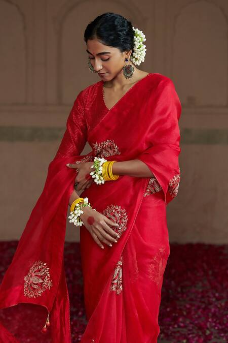 Buy Pink City By Sarika Red Organza, Chanderi Zari Embroidered Saree With Unstitched Blouse Piece Online at Aza Fashions Buy_Pink City By Sarika_Red Organza, Chanderi Zari Embroidered Saree With Unstitched Blouse Piece _Online_at_Aza_Fashions