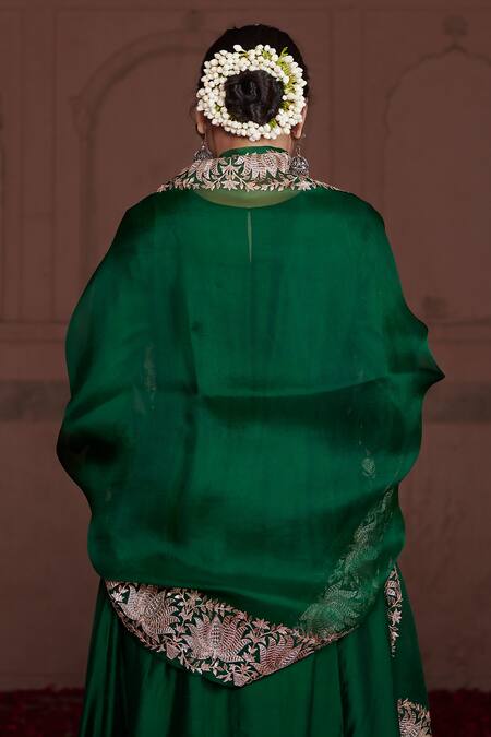 Pink City By Sarika Emerald Green Organza, Silk, Chanderi Embellished Lotus Anarkali Pant Set Online at Aza Fashions Pink City By Sarika_Emerald Green Organza, Silk, Chanderi Embellished Lotus Anarkali Pant Set _Online_at_Aza_Fashions