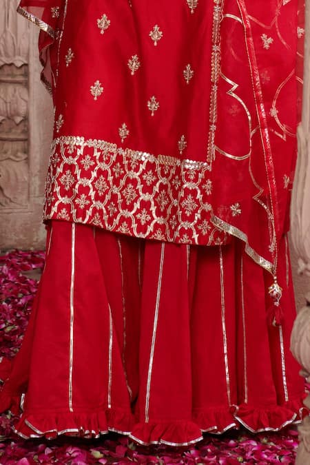 Pink City By Sarika_Red Silk, Organza, Cotton Pearls, Saarang Embellished Kurta Sharara Set _Online_at_Aza_Fashions
