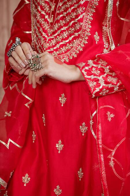 Buy_Pink City By Sarika_Red Silk, Organza, Cotton Pearls, Saarang Embellished Kurta Sharara Set _Online_at_Aza_Fashions