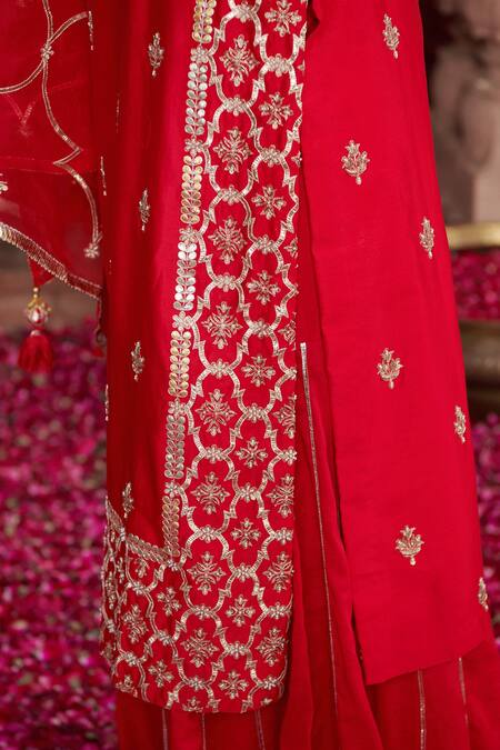 Shop_Pink City By Sarika_Red Silk, Organza, Cotton Pearls, Saarang Embellished Kurta Sharara Set _Online_at_Aza_Fashions