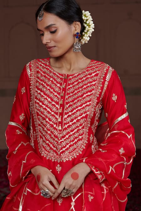 Pink City By Sarika_Red Silk, Organza, Cotton Pearls, Saarang Embellished Kurta Sharara Set _at_Aza_Fashions