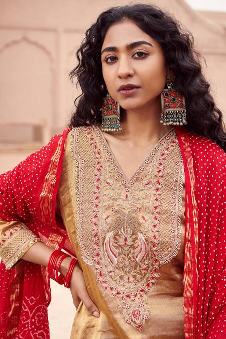 Pink City By Sarika_Gold Tissue, Cotton Pearls, Sequins, Tassels Embellished Yoke Kurta Pant Set _Online_at_Aza_Fashions