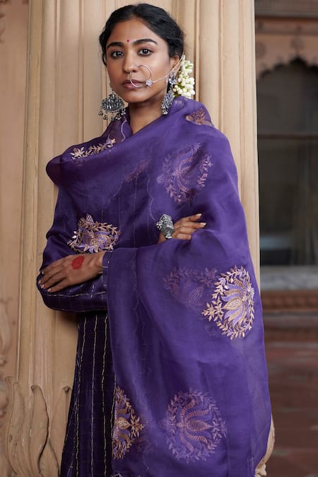 Pink City By Sarika Purple Silk, Organza, Chanderi Embroidery Madras Checks Kurta Set With Dupatta Online at Aza Fashions Pink City By Sarika_Purple Silk, Organza, Chanderi Embroidery Madras Checks Kurta Set With Dupatta _Online_at_Aza_Fashions