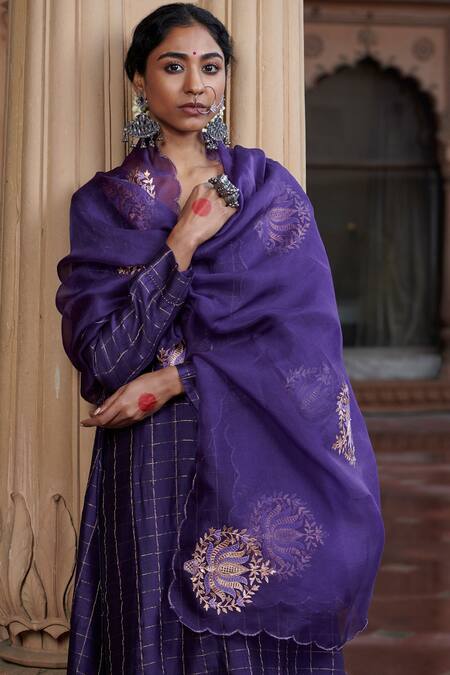 Buy Pink City By Sarika Purple Silk, Organza, Chanderi Embroidery Madras Checks Kurta Set With Dupatta Online at Aza Fashions Buy_Pink City By Sarika_Purple Silk, Organza, Chanderi Embroidery Madras Checks Kurta Set With Dupatta _Online_at_Aza_Fashions
