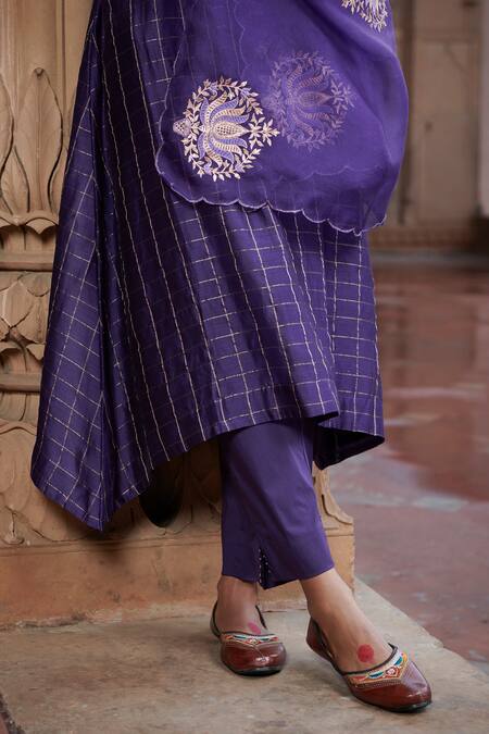 Shop Pink City By Sarika Purple Silk, Organza, Chanderi Embroidery Madras Checks Kurta Set With Dupatta Online at Aza Fashions Shop_Pink City By Sarika_Purple Silk, Organza, Chanderi Embroidery Madras Checks Kurta Set With Dupatta _Online_at_Aza_Fashions