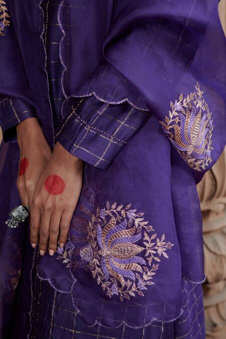 Pink City By Sarika Purple Silk, Organza, Chanderi Embroidery Madras Checks Kurta Set With Dupatta at Aza Fashions Pink City By Sarika_Purple Silk, Organza, Chanderi Embroidery Madras Checks Kurta Set With Dupatta _at_Aza_Fashions