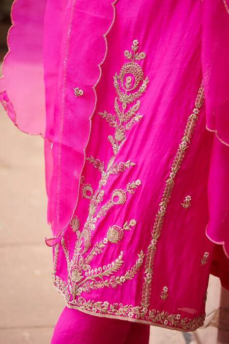 Buy_Pink City By Sarika_Pink Silk, Chanderi, Organza Embroidery Round Neck Chandbali Kurta Pant Set _Online_at_Aza_Fashions