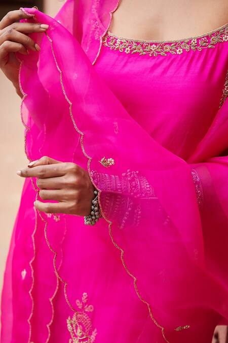 Shop_Pink City By Sarika_Pink Silk, Chanderi, Organza Embroidery Round Neck Chandbali Kurta Pant Set _Online_at_Aza_Fashions