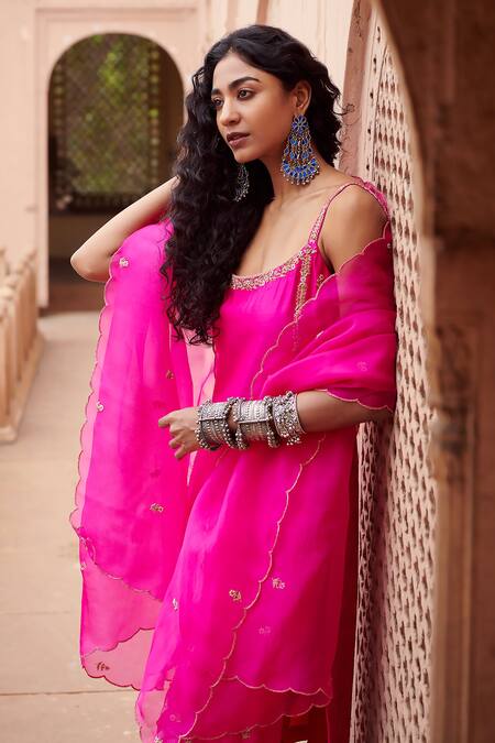 Pink City By Sarika_Pink Silk, Chanderi, Organza Embroidery Round Neck Chandbali Kurta Pant Set _at_Aza_Fashions
