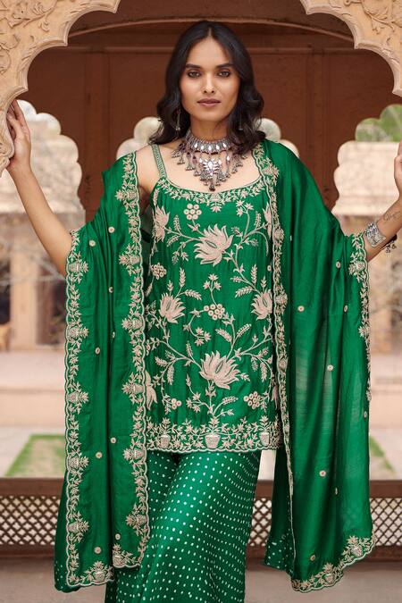 Pink City By Sarika_Emerald Green , Organza, Chanderi Lotus Kurta Set With Dupatta _Online_at_Aza_Fashions