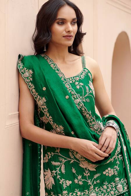 Shop_Pink City By Sarika_Emerald Green , Organza, Chanderi Lotus Kurta Set With Dupatta _Online_at_Aza_Fashions