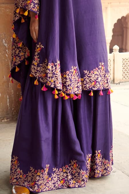 Pink City By Sarika Purple Silk Sequins, Tassels, Embroidery One Foliage Kurta With Sharara Online at Aza Fashions Pink City By Sarika_Purple Silk Sequins, Tassels, Embroidery One Foliage Kurta With Sharara _Online_at_Aza_Fashions