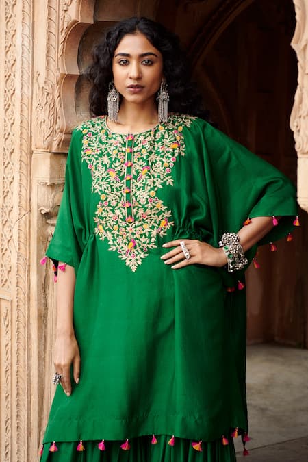 Pink City By Sarika Green Silk Pearls, Zari, Embroidery Round Bageecha Yoke Kaftan With Sharara Online at Aza Fashions Pink City By Sarika_Green Silk Pearls, Zari, Embroidery Round Bageecha Yoke Kaftan With Sharara _Online_at_Aza_Fashions