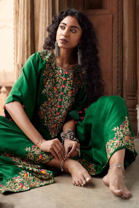 Shop Pink City By Sarika Green Silk Pearls, Zari, Embroidery Round Bageecha Yoke Kaftan With Sharara Online at Aza Fashions Shop_Pink City By Sarika_Green Silk Pearls, Zari, Embroidery Round Bageecha Yoke Kaftan With Sharara _Online_at_Aza_Fashions