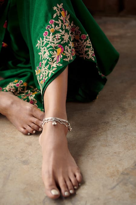 Pink City By Sarika Green Silk Pearls, Zari, Embroidery Round Bageecha Yoke Kaftan With Sharara at Aza Fashions Pink City By Sarika_Green Silk Pearls, Zari, Embroidery Round Bageecha Yoke Kaftan With Sharara _at_Aza_Fashions