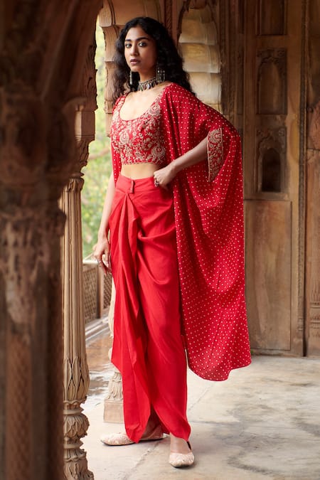 Pink City By Sarika_Red Silk Zari, Sequins, Embroidery Round Neck Embellished Crop Top Skirt Set _Online_at_Aza_Fashions