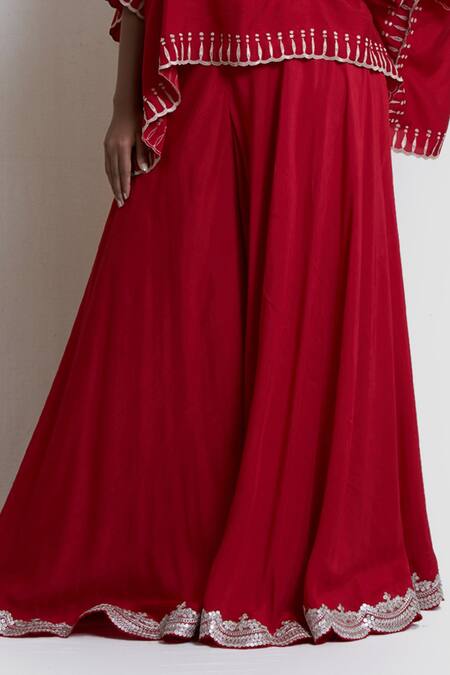 Shop_Brij_Red Silk Embroidery Scalloped Hem Cape And Flared Pant Set _Online_at_Aza_Fashions