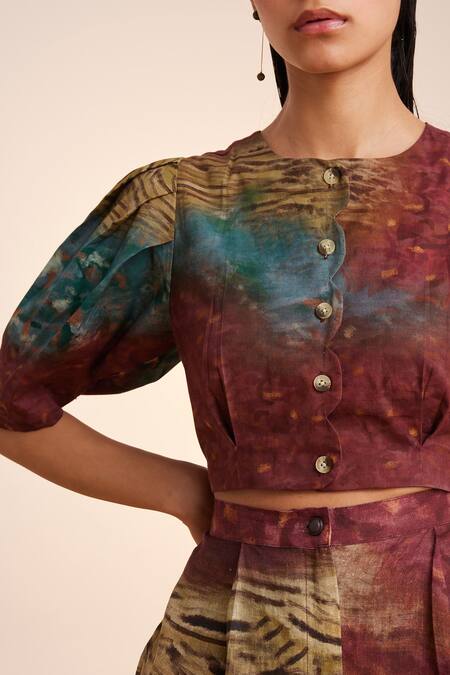 Buy_Cord_Brown Cotton Satin Round Neck Scallop Grain Print Top_Online_at_Aza_Fashions