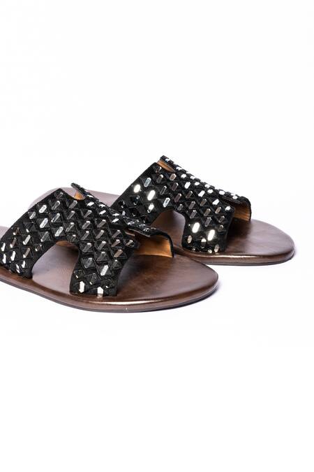 Artimen_Black Velvet Hand Embroidered Slippers_Online_at_Aza_Fashions