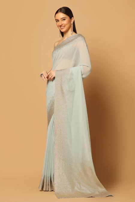 Shop Two Sisters By Gyans Blue Georgette Sequins Border Embroidered Saree With Unstitched Blouse Fabric Online at Aza Fashions Shop_Two Sisters By Gyans_Blue Georgette Sequins Border Embroidered Saree With Unstitched Blouse Fabric _Online_at_Aza_Fashions